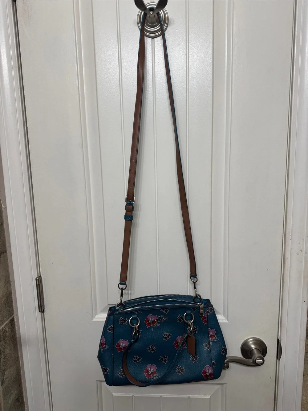 Coach Teal Floral Leather Shoulder Bag with Brown Strap Accent - Picture 10 of 10